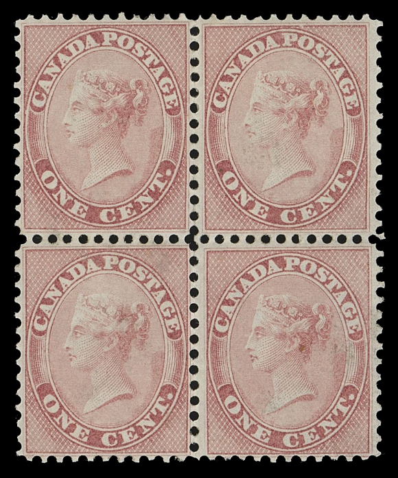 THE AFAB COLLECTION - CANADA  14, 14iv,An outstanding mint block of four with superior centering, exceptionally fresh colour and clear impression, lower left stamp shows the late stage of the "Q" plate flaw variety (Whitworth Plate Flaw No. 1c, Position 38), possessing the nicest original gum that one can hope to find on these challenging issues, the lower pair being very lightly hinged. Rarely found with these desirable attributes, XF OG

Expertization: 2022 Greene Foundation certificate

Provenance: Dr. Arthur Groten, Maresch Sale 132, September 1981; Lot 37