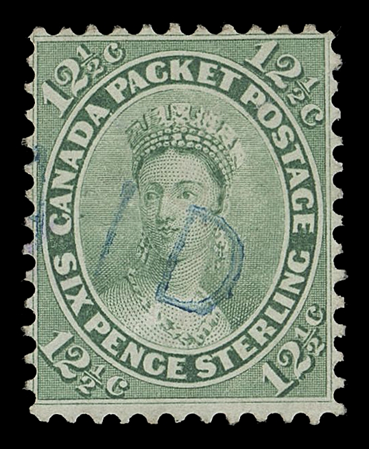 THE AFAB COLLECTION - CANADA  18,Two used singles in different shades with coloured cancels; one  perf 12x11¾ with concentric rings in RED; the other perf 11¾ with portion of (PA)ID straightline in BLUE, Fine
