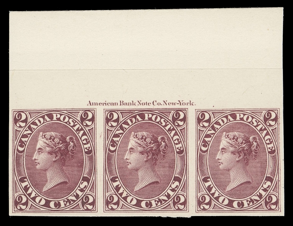 THE AFAB COLLECTION - CANADA  20TC + varieties,Upper and lower margin plate proof strips of three on card mounted india paper, both with full ABNC plate imprint; upper strip shows dash in lower right "2" on centre and right stamps, choice VF
