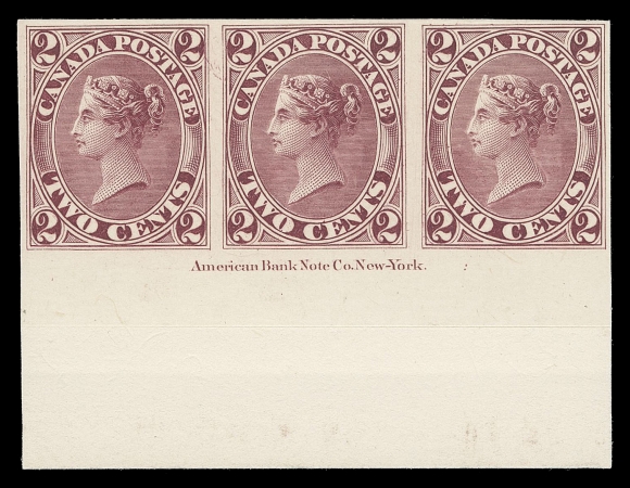 THE AFAB COLLECTION - CANADA  20TC + varieties,Upper and lower margin plate proof strips of three on card mounted india paper, both with full ABNC plate imprint; upper strip shows dash in lower right "2" on centre and right stamps, choice VF