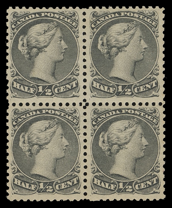 THE AFAB COLLECTION - CANADA  21iv, 21vi,An unusually nice mint block in the distinctive shade, left pair shows "spur" in scroll left of "HALF" varieties, with full dull streaky original gum, very lightly hinged at lower right leaving three stamps NEVER HINGED, scarce this nice, F-VF