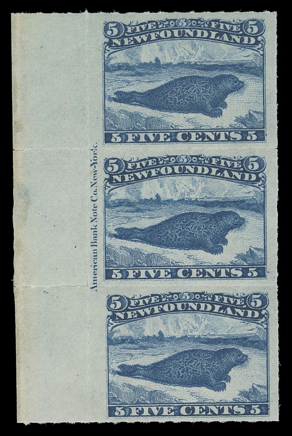 THE AFAB COLLECTION - NEWFOUNDLAND DECIMAL ISSUES  40,An impressive and exceptionally choice left margin mint strip of three, each stamp very well centered with remarkably wide margins, full American Bank Note Co. New York plate imprint, full unblemished original gum, NEVER HINGED. Certainly among the finest plate multiples of the challenging 1876-1879 Rouletted issues, XF NH; 2022 Greene Foundation cert. (Cat. as normal singles)
