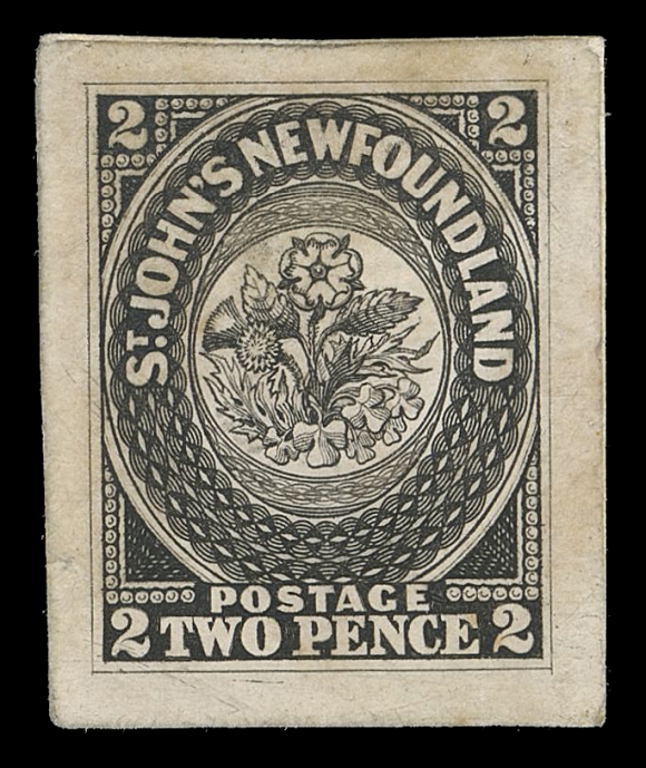 THE AFAB COLLECTION - NEWFOUNDLAND PENCE ISSUES  2,Perkins Bacon Original Engraved Die Proof in black on india paper on card of same size 25 x 31mm; showing characteristics of the die proof such as the visible scratch below "O" of "TWO" and extension of vertical frameline at lower right; a few inconsequential toning spots. A very rare proof with excellent pedigree, VF

Expertization: 2022 Greene Foundation certificate

Provenance: Sidney Harris, Part I, October 1968; Lot 31
Robert H. Pratt Newfoundland Pence issues collection, Harmers of London, October 1986; Lot 5
Dr. Chan Chin Cheung, Christie