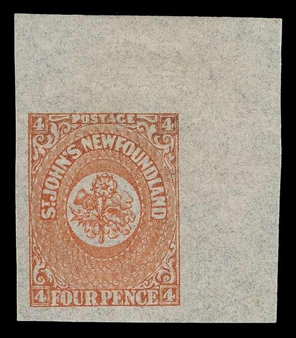 THE AFAB COLLECTION - NEWFOUNDLAND PENCE ISSUES  12,An incredible mint corner margin example, very large margins on other sides adding to its wonderful appeal, exceptionally fresh with bright colour on pristine fresh paper, possessing unusually full original gum. The ultimate GEM Four pence orange Heraldic which has resided in several of the most important British North America collections of the past, XF LH GEMExpertization: 2022 Greene Foundation certificateProvenance: Alfred H. Caspary, H.R. Harmer Inc., October 1956; Lot 365                   Claude Cartier, Part I, SG Auctions, April 1977; Lot 72                    Dr. Chan Chin Cheung, Christie