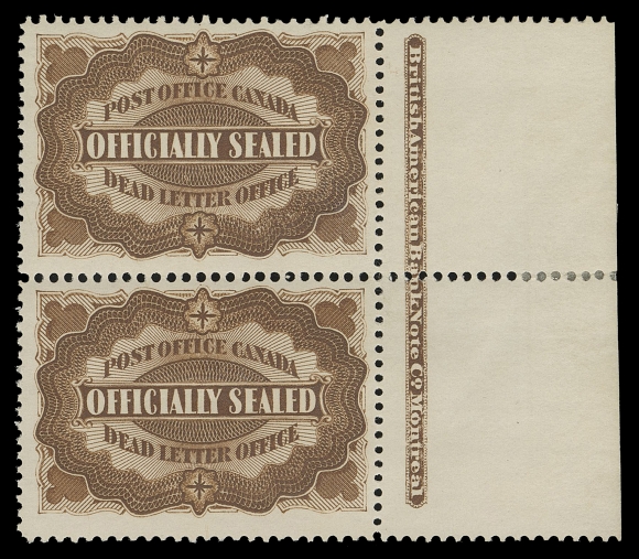 THE AFAB COLLECTION - CANADA OX1,An impressive right margin mint pair displaying full BABN imprint, deep rich colour on fresh paper with nice centering for this very difficult DLO stamp, hinged in the selvedge and small hinge on top stamp, lower stamp pristine NEVER HINGED gum. A rare plate imprint multiple, VF (Cat. as two singles) 2022 Greene Foundation cert.