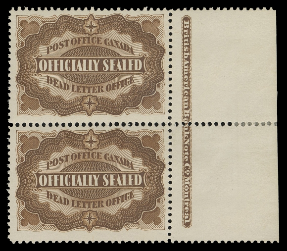 THE AFAB COLLECTION - CANADA  OX1,An impressive right margin mint pair displaying full BABN imprint, deep rich colour on fresh paper with nice centering for this very difficult DLO stamp, hinged in the selvedge and small hinge on top stamp, lower stamp pristine NEVER HINGED gum. A rare plate imprint multiple, VF (Cat. as two singles) 2022 Greene Foundation cert.