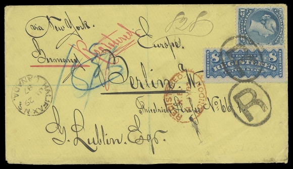 THE AFAB COLLECTION - CANADA  1887 (June 29) Yellow cover mailed registered from Halifax to Berlin, Germany bearing an impressive, likely unique franking of 12½c blue on medium horizontal wove paper and 8c bright blue RLS, minute scuff at top left. Both neatly tied by oval "R" handstamp, Halifax dispatch CDS at left, oval Registered London 11 JY 87 transit in red, light German 13/7 87 arrival backstamp. Although a late usage of the 8 cent this is a remarkable triple UPU letter rate of 15 cents, plus 5 cent registration fee. A great cover with tremendous eye-appeal, VF (Unitrade 28, F3a)Provenance: Maurice Burrus, Robson Lowe, Ltd, April 1963; Lot 331Census: The Wayne Smith census lists 29 Large Queen covers to Germany; this is the only one known with such an unusual franking.