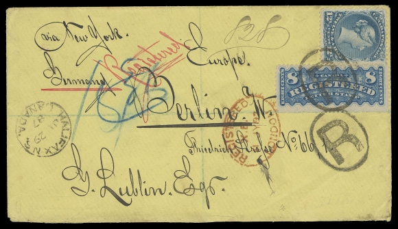 THE AFAB COLLECTION - CANADA 1887 (June 29) Yellow cover mailed registered from Halifax to Berlin, Germany bearing an impressive, likely unique franking of 12½c blue on medium horizontal wove paper and 8c bright blue RLS, minute scuff at top left. Both neatly tied by oval "R" handstamp, Halifax dispatch CDS at left, oval Registered London 11 JY 87 transit in red, light German 13/7 87 arrival backstamp. Although a late usage of the 8 cent this is a remarkable triple UPU letter rate of 15 cents, plus 5 cent registration fee. A great cover with tremendous eye-appeal, VF (Unitrade 28, F3a)
Provenance: Maurice Burrus, Robson Lowe, Ltd, April 1963; Lot 331
Census: The Wayne Smith census lists 29 Large Queen covers to Germany; this is the only one known with such an unusual franking.
