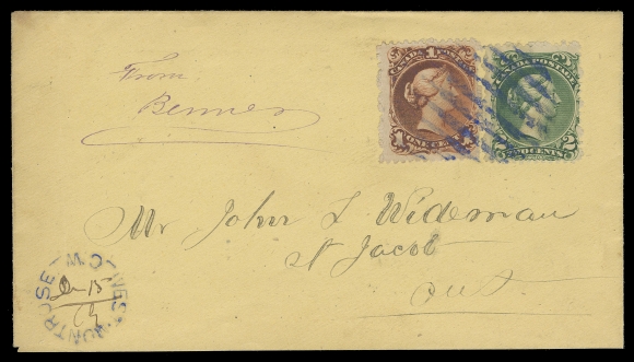 THE AFAB COLLECTION - CANADA 1869 (December 15) Yellow cover in an excellent state of preservation bearing a very rare and spectacular franking - the elusive 1c deep brown red ON THICK LAID PAPER, colour somewhat oxidized, alongside a 2c green on Bothwell paper, tied by large circular grid cancellation in BRIGHT BLUE, same-ink split ring West Montrose, C.W. dispatch with manuscript filled-in date, addressed to St. Jacobs, Ontario with Berlin DE 15 and St. Jacobs DE 16 receiver backstamps. The finest and most desirable of only three recorded covers bearing the 1c Laid Paper and 2c Large Queens, VF (Unitrade 24, 31)
Provenance: S.J. Menich, Firby Auctions, June 2000; Lot 11
William Gross, Spink, September 2009; Lot 247