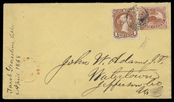 THE AFAB COLLECTION - CANADA  1868 (April 15) Choice yellow cover from North Port, U.C. to  Watertown bearing a 5c vermilion and 1c brown red Large Queen on medium horizontal wove paper, tied by concentric rings, North  Port, U.C. AP 15 68 split ring dispatch in red; on reverse  Belleville AP 17 CDS in blue, neat Kingston AP 18 split ring  transits. A rare mixed-issue transitional franking, mailed during third week of the newly reduced rate to the US - 6c per half  ounce; a desirable usage of the Large Queen stamp (issued on  April 1st), pencil signed by expert Herbert Bloch, VF (Unitrade  15, 22)Provenance: Bertram Collection of Canada, Shanahan