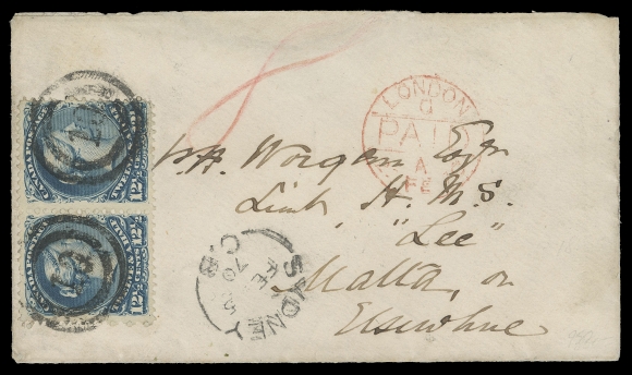 THE AFAB COLLECTION - CANADA  1870 (February 5) Neat cover mailed from Sydney, Cape Breton to a Lieutenant on H.M.S. "Lee" at Malta (or elsewhere) bearing a horizontal pair of 12½c blue on medium wove paper, positioned vertically on left side adding to its overall appeal, tied by superb two-ring 
