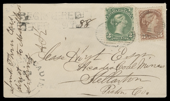 THE AFAB COLLECTION - CANADA  1871 (November 8) Small cover in pristine condition, intact red wax Shubenacadie "Crown" seal on reverse, bearing single 2c green Large Queen and 3c rose carmine Small Queen First Ottawa printing, tied by oval mute grids, Shubenacadie double arc dispatch at left, two line REGISTERED LETTER No. handstamp, sent to Stellarton, with same-day receiver backstamp; pays the 3 cent domestic letter rate, plus 2c registration fee. A marvelous cover in all respects, XF (Unitrade 24, 37a)