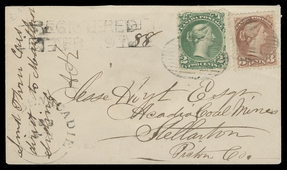 THE AFAB COLLECTION - CANADA 1871 (November 8) Small cover in pristine condition, intact red wax Shubenacadie "Crown" seal on reverse, bearing single 2c green Large Queen and 3c rose carmine Small Queen First Ottawa printing, tied by oval mute grids, Shubenacadie double arc dispatch at left, two line REGISTERED LETTER No. handstamp, sent to Stellarton, with same-day receiver backstamp; pays the 3 cent domestic letter rate, plus 2c registration fee. A marvelous cover in all respects, XF (Unitrade 24, 37a)