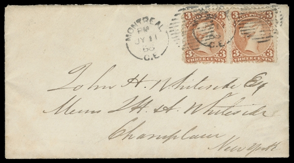 THE AFAB COLLECTION - CANADA  1868 (July 11) Clean cover with original letter, bearing a  fabulous horizontal pair of 3c bright red on LAID PAPER neatly  tied by Montreal duplex, a few shorter perfs at right. One of  only five reported frankings paying the 6c letter rate to the US; no backstamp as customary. A wonderful cover bearing a much  sought-after, rarely seen multiple of the 3c laid paper, VF (Unitrade 33)Expertization: 1989 Greene Foundation certificateCensus: Wayne Smith reported just seven covers bearing two  examples of Scott #33 - two domestic covers for 6c double weight  letter and the other five covers are to the US as single-letter  rate.