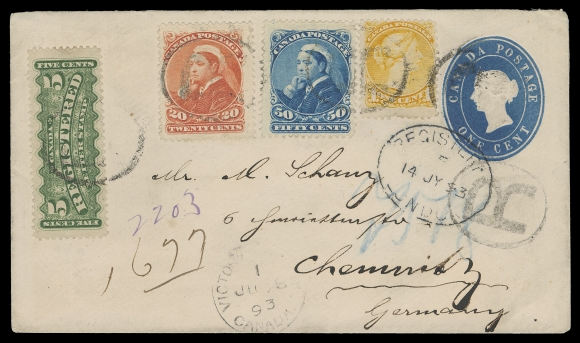 THE AFAB COLLECTION - CANADA  1893 (June 28) One cent blue postal envelope uprated with Small Queen 1c yellow, Ottawa printing, perf 12 alongside 20c & 50c Widow Weeds and 5c green RLS, tied by light oval "R" handstamps, Victoria Brit. Col. Canada CDS dispatch, two additional strikes on back, mailed registered to Germany, with oval Registered London 14 JY 93 transit on front, Chemnitz 16 7 / 93 CDS receiver on back. A delightful cover, very few exist bearing both Widow Weed stamps, VF (Unitrade 35, 46-47 + Webb EN6)Provenance: Robert Jamieson, Maresch, Sale 318, March 1997; Lot 1331