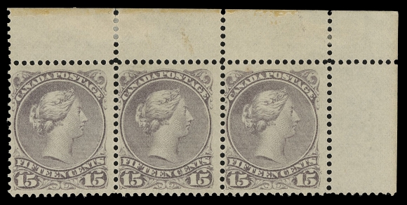 THE AFAB COLLECTION - CANADA  29ii, 30biii,Matching top right corner margin mint strips of three in the two major shades - grey violet and blue grey on medium vertical wove paper, perf 12. Both show the constant "PAWNBROKER" variety (Pos. 10 - right stamp), some split perfs sensibly reinforced with hinges. A magnificent duo, Fine+ OGBoth centre stamps (Pos. 9) have the listed plate scratch variety located just outside the design at top. (Unitrade 29vi & 30viii)