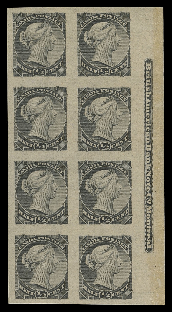 THE AFAB COLLECTION - CANADA  34a,A spectacular mint imperforate block of eight, displaying full BABN imprint (Boggs Type V) in right margin, in an excellent state of preservation, faint hinge mark on top pair leaving the other three with full original gum NEVER HINGED. Only one other right plate imprint multiple can possibly exist (two imperforate sheets of 200 were printed). An extraordinary plate block, XF (Cat. as four pairs)Interestingly enough, the listed Major Re-entry at Position 49 is not shown on this plate block, proving the imperforate sheets were printed before re-entering.