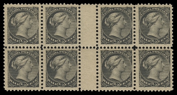 THE AFAB COLLECTION - CANADA  34iii,An unusually choice, well centered mint gutter margin block of eight, in choice condition unlike most we have handled in the past, lightly hinged on top pairs, lower strip never hinged. Scarce this nice, VF+; 1994 Greene Foundation cert.