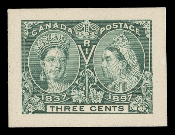 THE AFAB COLLECTION - CANADA 53,Trial Colour Small Die Proof printed in green on thin card 38 x 28mm; the adopted colour of the Two cent denomination. A gorgeous proof ideal for an advanced collection, XF