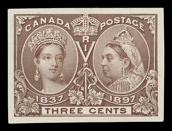 THE AFAB COLLECTION - CANADA  53,Trial Colour Die Proof printed in brown, stamp size on india paper, tiny tear at right, an attractive unadopted coloured proof, VF; ex. Herbert McNaught (Firby, April 2009; Lot 2182 - offered as sound)
