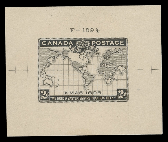 THE AFAB COLLECTION - CANADA  85,Large Die Proof printed in black directly to white card (0.01" thick) measuring 56 x 46mm, showing guidelines at sides and die number "F-189½" above design, very rarely seen, among the small number of existing examples most are stamp size. A wonderful proof in all respects, XFProvenance: Fred Fawn, Spink, November 2007; Lot 1407Dr. Lewis L. Reford, Part One, Harmer, Rooke & Co., March 1950; Lot 812