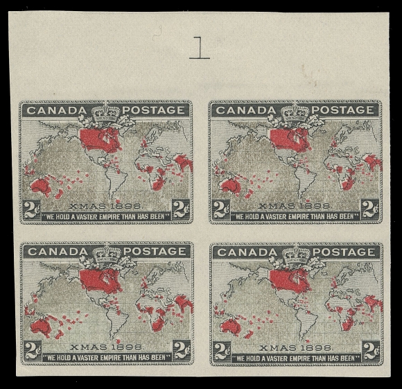 THE AFAB COLLECTION - CANADA  85a,Imperforate plate 1 block in issued colours and ungummed as issued, showing light "Muddy Waters" effect to oceans, large engraved "1" in top sheet margin. An immensely rare imperforate Plate 1 block of the Map Stamp - the first one we recall offering, VFProvenance: Fred Fawn, Spink, November 2007; Lot 1431