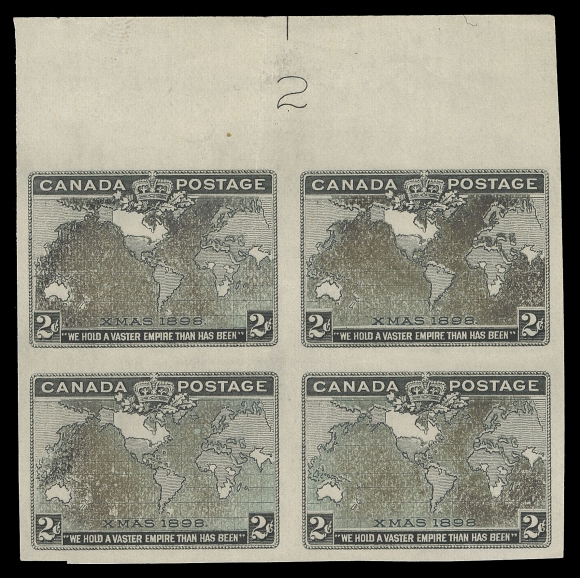 THE AFAB COLLECTION - CANADA  86iv,Imperforate plate 2 block with RED COLOUR OMITTED, ungummed as  issued; "Muddy Waters" effect to oceans, large "2" in top margin, creases on left pair, an extremely rare imperforate plate block. Allegedly only two imperforate sheets were printed without the  red colour; this may well be the only existing plate block, VFProvenance: Fred Fawn, Spink, November 2007; Lot 1432