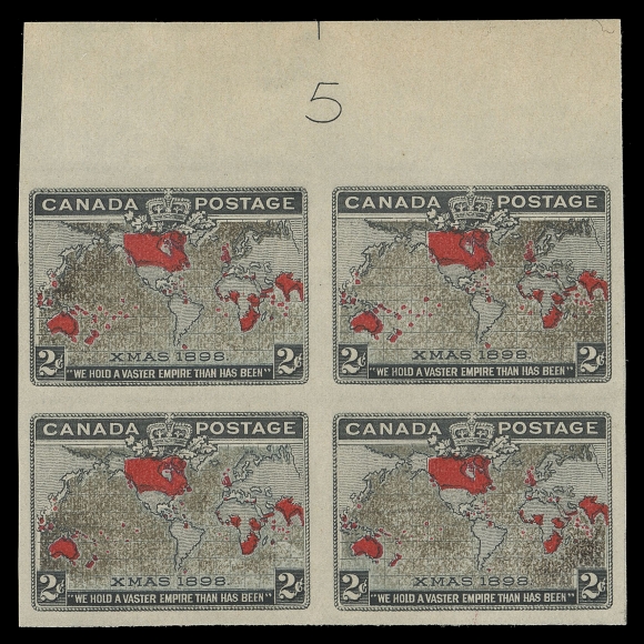 THE AFAB COLLECTION - CANADA  86a,Imperforate plate 5 block, strong "Muddy Waters" effect to  oceans, ungummed as issued, shows large plate "5" in top margin,  hint of ageing in the selvedge. A very rare imperforate plate  block, Plate 5 is arguably the most sought-after of the issued  plate numbers. A wonderful exhibit-caliber item, VF

Provenance: Fred Fawn, Spink, November 2007; Lot 1434