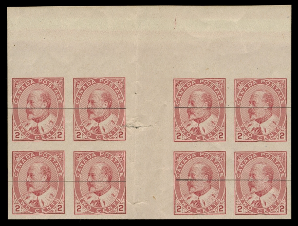 THE AFAB COLLECTION - CANADA  90iv, v, vi,The set of three top margin position interpanneau gutter margin imperforate blocks of eight with Plate 43 defaced with horizontal line in red and Plates 31 & 32 in slightly different shades of carmine defaced with horizontal lines in black. Vertical fold in gutter margin as do all known, minor gum wrinkle on two stamps of Plate 43 block, various creases and small faults to Plate 31 block. A a rare set of these experimental printings, VF appearance with full original gum, the first and third blocks are NH. (Cat. $15,000 as hinged gutter strips of four)Known as experimental printings, Plate 31 & 32 shows show wider impressions than Plate 43 from a "dry printing" method, printed on pre-gummed paper; whereas Plate 43 noticeably narrow impressions resulting from printing on ungummed damp paper.