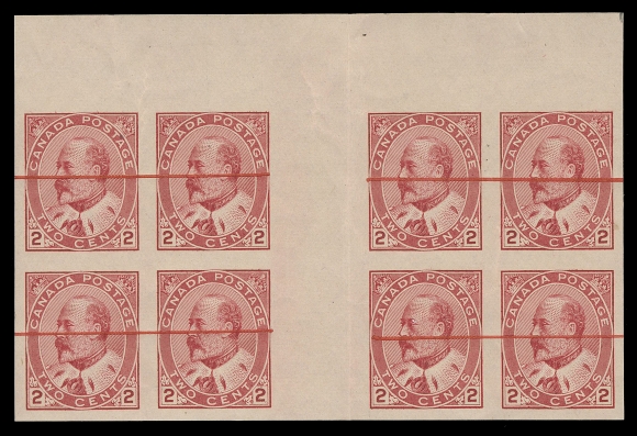 THE AFAB COLLECTION - CANADA  90iv, v, vi,The set of three top margin position interpanneau gutter margin imperforate blocks of eight with Plate 43 defaced with horizontal line in red and Plates 31 & 32 in slightly different shades of carmine defaced with horizontal lines in black. Vertical fold in gutter margin as do all known, minor gum wrinkle on two stamps of Plate 43 block, various creases and small faults to Plate 31 block. A a rare set of these experimental printings, VF appearance with full original gum, the first and third blocks are NH. (Cat. $15,000 as hinged gutter strips of four)Known as experimental printings, Plate 31 & 32 shows show wider impressions than Plate 43 from a "dry printing" method, printed on pre-gummed paper; whereas Plate 43 noticeably narrow impressions resulting from printing on ungummed damp paper.