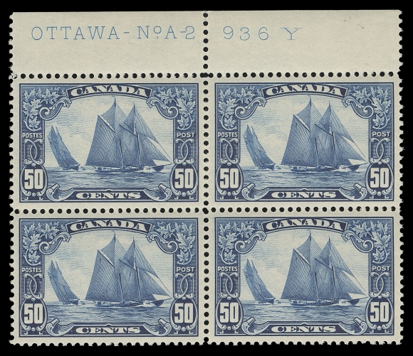 THE AFAB COLLECTION - CANADA  158,An extremely well centered mint plate block of four showing full imprint "OTTAWA - No.A-2 936 Y" (from upper left pane), brilliant fresh colour, lightly hinged in selvedge only, stamps are VF-XF NH