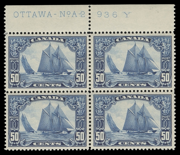 THE AFAB COLLECTION - CANADA 158,An extremely well centered mint plate block of four showing full imprint "OTTAWA - No.A-2 936 Y" (from upper left pane), brilliant fresh colour, lightly hinged in selvedge only, stamps are VF-XF NH