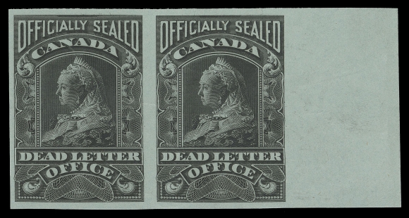THE AFAB COLLECTION - CANADA  OX2a,A choice imperforate pair with sheet margin at right, deep radiant colour on distinctive thick bluish wove paper and ungummed as issued. Very scarce, only one sheet (25 pairs) was printed. One of the key imperforate issues of Canada, VF NH