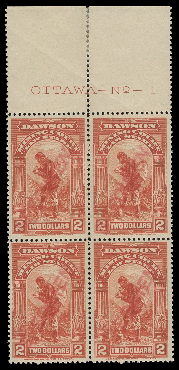 THE AFAB COLLECTION - CANADA Revenues Yukon Territory YL1/YL5,Four different Plate 1 imprint blocks of four, each with diagonal SPECIMEN handstamps in red applied by the American Bank Note Company; some split perfs mostly in the margin, strengthened by hinge, more pronounced on the 25c and $1 blocks with couple stamps hinged, otherwise never hinged. Quite likely the only set of SPECIMEN plate blocks, F-VF
This type of SPECIMEN (33.5 x 5mm) handstamp in red is only found on the 10c, 25c, $1 & $2. It has not been reported on the 50c and $3.