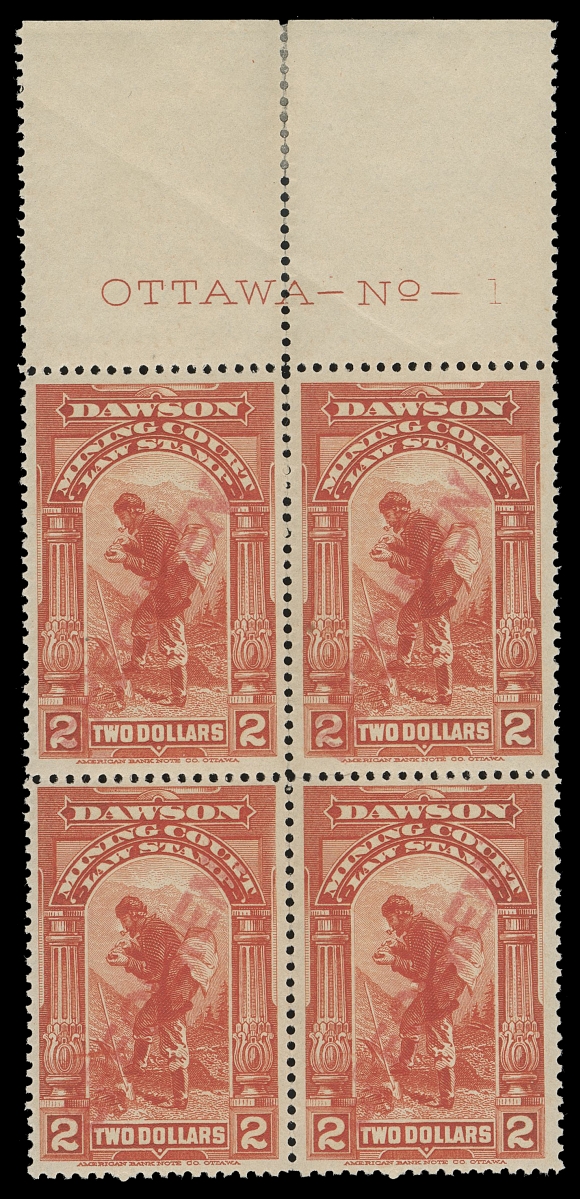 THE AFAB COLLECTION - CANADA  Revenues Yukon Territory YL1/YL5,Four different Plate 1 imprint blocks of four, each with diagonal SPECIMEN handstamps in red applied by the American Bank Note Company; some split perfs mostly in the margin, strengthened by hinge, more pronounced on the 25c and $1 blocks with couple stamps hinged, otherwise never hinged. Quite likely the only set of SPECIMEN plate blocks, F-VF

This type of SPECIMEN (33.5 x 5mm) handstamp in red is only found on the 10c, 25c, $1 & $2. It has not been reported on the 50c and $3.