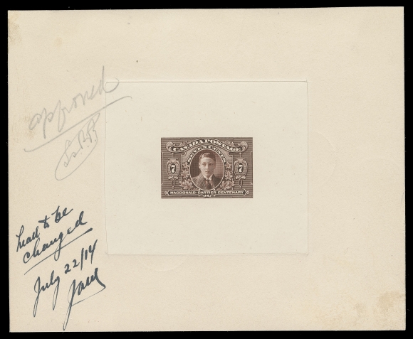 THE AFAB COLLECTION - CANADA Die Essay printed in brown on india paper 76 x 64mm sunk on large card 148 x 120mm; the rejected facial expression - shading lines in Prince of Wales