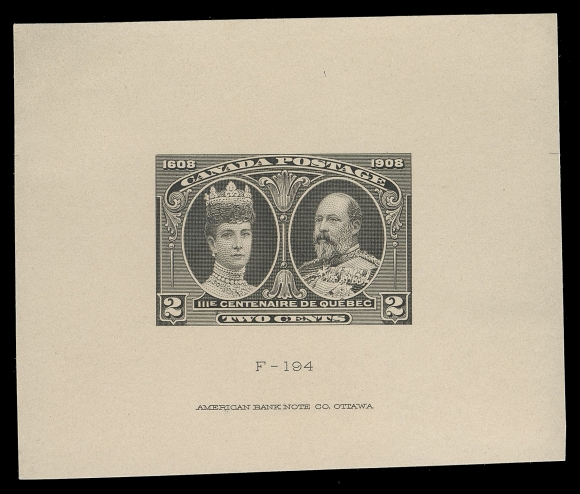 THE AFAB COLLECTION - CANADA 98,Trial Colour Die Proof printed in black directly on yellowish card (0.011" thick) measuring 73 x 60mm; shows die "F-194" number and full imprint below stamp design. An exceedingly rare die proof, VF
Provenance: The "Libra" Collection of 1908 Québec Tercentenary, Eastern Auctions, October 2011; Lot 17
Senator Henry D. Hicks, Maresch Sale 259, November 1991; Lot 770