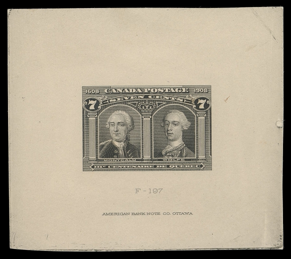THE AFAB COLLECTION - CANADA 100,Trial Colour Die Proof printed in black directly on yellowish card (0.011" thick) measuring 73 x 64mm; shows die sinkage at sides, die number "F-197" and full imprint below design. A desirable and very rare trial colour die proof, ideal for exhibition, VF
Provenance: The "Libra" Collection of 1908 Québec Tercentenary, Eastern Auctions, October 2011; Lot 20
Senator Henry D. Hicks, Maresch Sale 259, November 1991; Lot 779