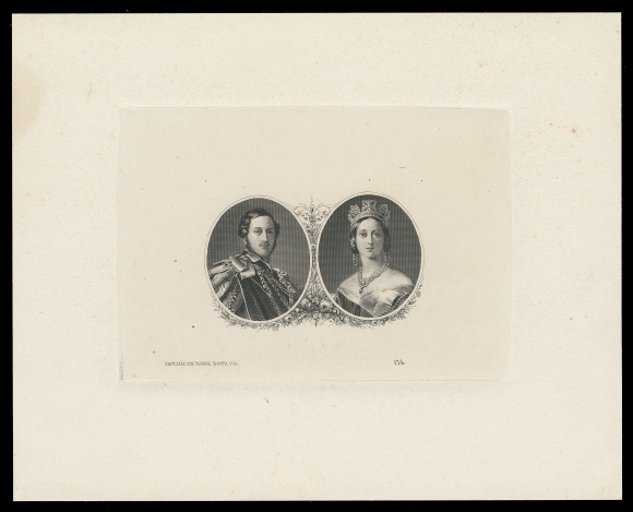 THE AFAB COLLECTION - NEWFOUNDLAND DECIMAL ISSUES American Bank Note Company engraved vignettes with elaborate scrolls in black, showing portraits of Prince Albert and Queen Victoria, similar to the issued 10c and especially the 24c stamps of 1865, ABNC imprint and die "174" at foot on india paper 98 x 68mm; die sunk on larger card 152 x 122mm, overall light ageing on back only. A beautiful engraved proof with traits and features similar to a "Goodall" die proof, VF; ex. Alan Selby (December 1993; Lot 477)