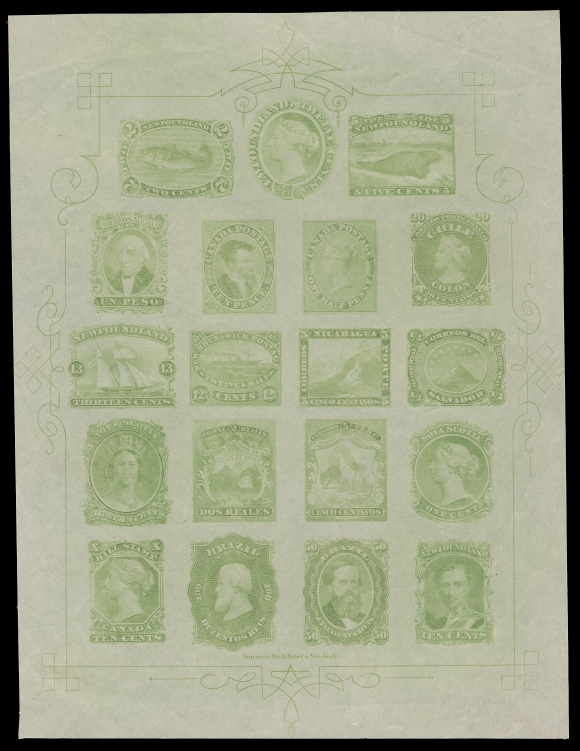 THE AFAB COLLECTION - CANADA  A rarely offered, intact Engraved Trade Sample Proof sheet  printed in bright olive green on thin white bond paper, showing  nineteen different stamps. Includes Province of Canada 1857 Half  pence and 1855 Ten pence, Federal Bill Revenue 1865 Ten cent; New Brunswick 1860 Twelve and One Half cent; Newfoundland 1865 Two  cent, Five cent, Ten cent, Twelve cent and Thirteen cent; Nova  Scotia 1860-1863 One cent and Eight and One Half cents; plus  seven different from Latin American countries.An exceptionally rare sheet, immaterial minor marginal wrinkling, remarkably fresh with bright sharp impressions and in an  excellent state of preservation. Spectacular in all respects.  Very Fine (Minuse & Pratt PB-A)Provenance: Frederick Mayer, October 2008; Lot 32A FABULOUS SHEET AND CLEARLY ON THE SHORT-LIST OF THE MOST  ATTRACTIVE AND DESIRABLE PROOFS IN ALL BRITISH NORTH AMERICAN  PHILATELY. UNDOUBTEDLY AMONG THE VERY BEST OF THE SMALL NUMBER  THAT REMAIN. AN INSTANT HIGHLIGHT IN ANYONE