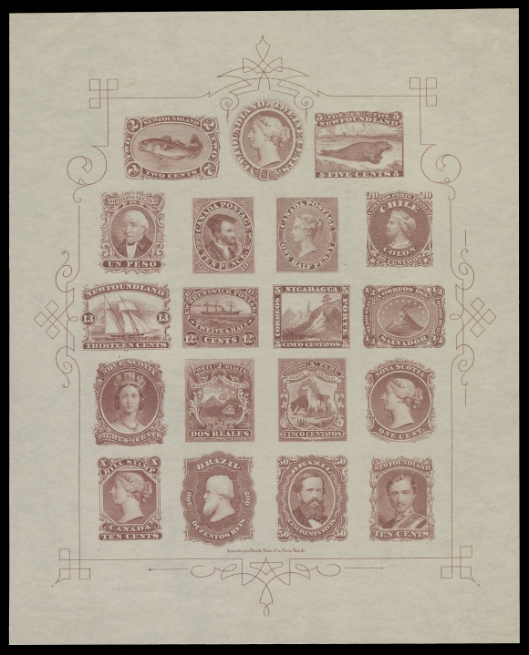 THE AFAB COLLECTION - CANADA A phenomenal intact LITHOGRAPHED Trade Sample Proof sheet, printed in brown lilac on thin horizontal mesh wove paper, showing nineteen different stamps with Province of Canada 1857 Half pence and 1855 Ten pence, Federal Bill Revenue 1865 Ten cent; New Brunswick 1860 Twelve and One Half cent; Newfoundland 1865 Two cent, Five cent, Ten cent, Twelve cent and Thirteen cent; Nova Scotia 1860-1863 One cent and Eight and One Half cents; plus seven different from Latin American countries.
This rarely seen intact sheet is in outstanding condition, without the flaws observed on most sheets. Furthermore LITHOGRAPHED examples are much rarer than ENGRAVED ones. Displaying superb bold colour and impression on bright fresh paper and in FLAWLESS CONDITION. An outstanding and a glorious showpiece. Extremely Fine (Minuse & Pratt PB-A)
Provenance: Frederick Mayer, October 2008; Lot 35
A MESMERIZING PROOF SHEET - A CLEAR-CUT CHOICE FOR BEING ON THE SHORT-LIST OF THE MOST ATTRACTIVE AND DESIRABLE PROOFS IN ALL OF BRITISH NORTH AMERICA PHILATELY. WITHOUT QUESTION ONE OF THE BEST INTACT SHEETS AVAILABLE, BEING IN THE HIGHEST QUALITY ATTAINABLE FOR THESE NOTORIOUSLY FRAGILE PROOF SHEETS. ONE OF THE HIGHLIGHTS OF THIS COLLECTION.