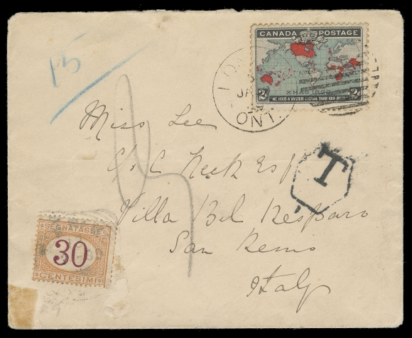 THE AFAB COLLECTION - CANADA  86,1899 (January 30) Cover mailed from London, Ont. to San Remo, Italy, bearing a 2c Map Stamp with deep blue oceans tied by duplex dispatch, shortpaid 3c for the required 5c UPU letter rate, hexagonal "T" due marking and "15" (centimes) shortpaid, assessed double deficiency according to regulations with "3" (décimes) and 30c Italian postage due tied by light San Remo postmark; second clearer strike 12 - 2 99 on back; small stain at lower left, a very scarce foreign shortpaid Map stamp cover, Fine (Unitrade 86) ex. Fred Fawn (November 2007; Lot 1495)