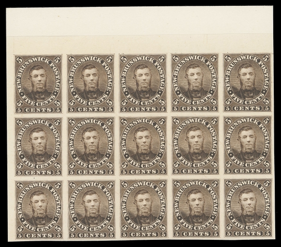THE AFAB COLLECTION - NEW BRUNSWICK  5P, viii,Positional plate essay block of fifteen (5x3) in brown, intended colour of issue, on card mounted india paper, shows the Major Re-entry (Pos. 13) on the centre stamp with prominent doubling of lettering and frame throughout left-half of design, choice, VF