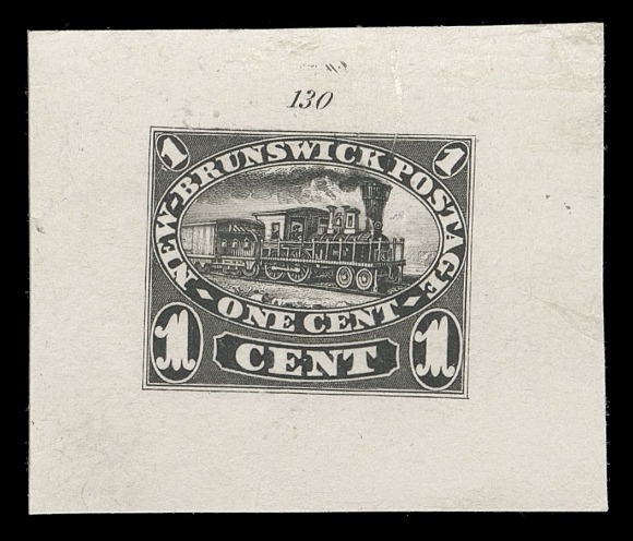 THE AFAB COLLECTION - NEW BRUNSWICK  6,ABNC original Die Proof, engraved, printed in black on india paper 41 x 35mm affixed to card of same size, without the guidelines present on "Goodalls", die number "130" above design, trivial india wrinkles at top, a very attractive proof, VF