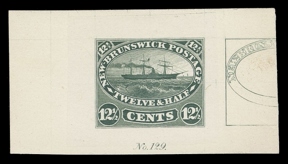 THE AFAB COLLECTION - NEW BRUNSWICK  10,“Goodall” Compound Die Proof, engraved and printed in bluish green on india paper 31 x 27mm, sunk on card 55 x 30mm, shows the completed stamp, die number "129" below, at right a progressive proof of the oval with inside lettering (left-half shown as normal). A superb and visually striking proof, XF