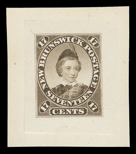 THE AFAB COLLECTION - NEW BRUNSWICK  11,"Goodall" Die Proof engraved and printed in dark yellow brown on india paper 26 x 31mm, sunk on card 33 x 38mm, card thinning on reverse, VF appearance; ex. Sir Gawaine Baillie (May 2006; Lot 109 - as sound)