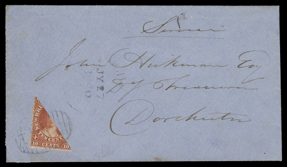 THE AFAB COLLECTION - NEW BRUNSWICK  1860 (July 26) Blue cover from St. John to Dorchester bearing a diagonally bisected 10c vermilion paying the 5c domestic letter rate, clipped at foot, tied by light oval 
