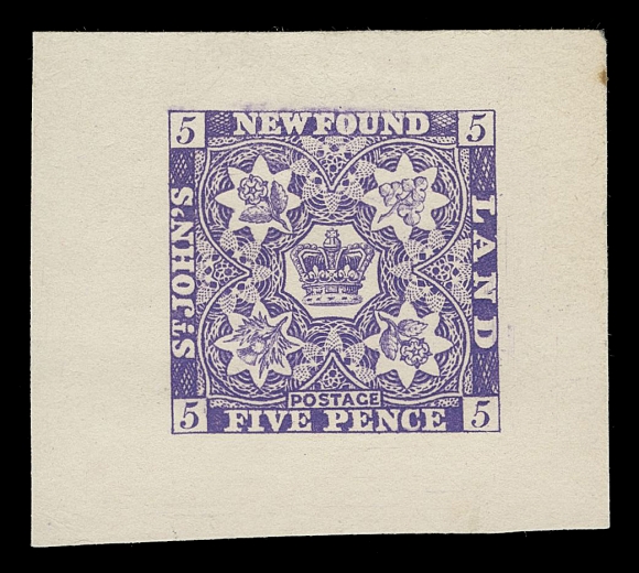 THE AFAB COLLECTION - NEWFOUNDLAND TRADE SAMPLE PROOFS  Plate 1, Paper 6,(1919 - First Printing) Trade Sample Die Proofs printed in pastel blue violet on thick soft white wove paper (0.0075" thick). An extremely rare printing with undefaced denominations and no scar to the 4 pence. The complete set of nine denominations including both dies of 3p. A beautiful set of this Plate 1 first printing displaying bright sharp impressions, VF and desirable