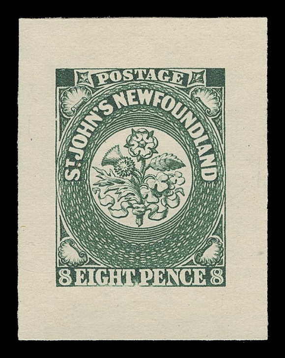 THE AFAB COLLECTION - NEWFOUNDLAND TRADE SAMPLE PROOFS Plate 1A, Paper 9,(1929 - defaced state) Trade Sample Die Proofs printed in deep green on white diagonal mesh wove paper (0.004" to 0.0045" thick). The complete set of nine including both dies of the 3p. Rarely seen and striking, XF