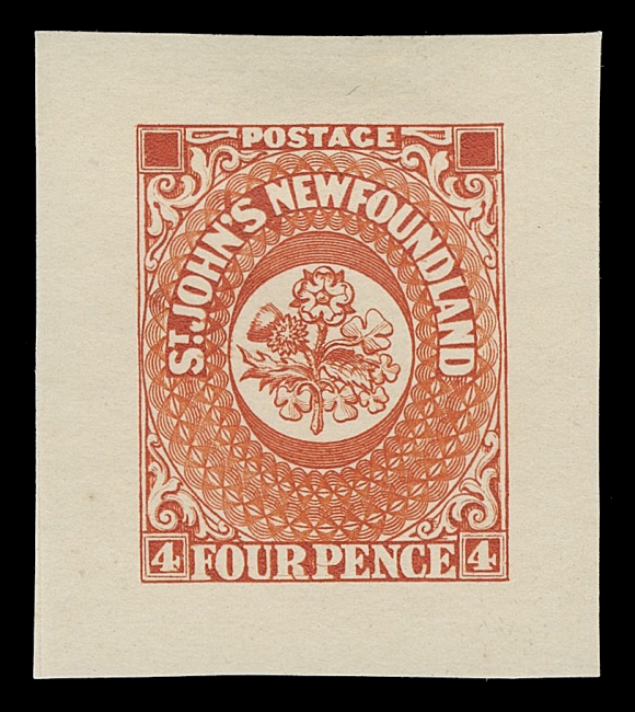 THE AFAB COLLECTION - NEWFOUNDLAND TRADE SAMPLE PROOFS  Plate 1A, Paper 9,(1929 - defaced state) Trade Sample Die Proofs printed in red on white diagonal mesh wove paper (0.004" to 0.0045" thick), the complete set of nine. An exceptional set in choice condition, XF